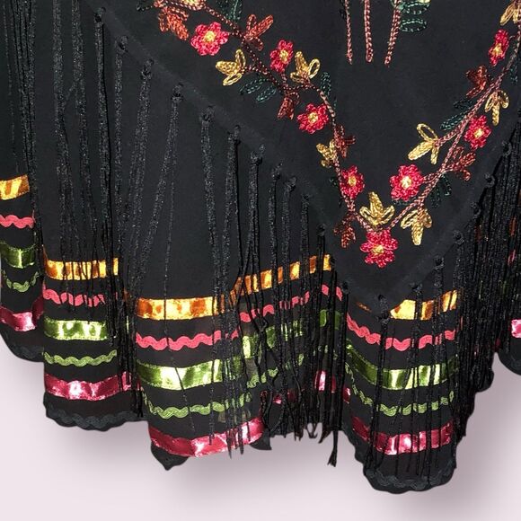 Vtg SANU Black Boho Floral Embroidered Maxi Skirt Fringe Hem, Folk Festival, XL - Picture 5 of 12